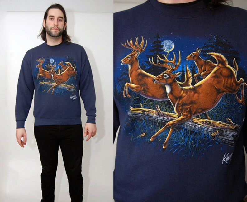 Vintage Deer Sweater L Navy Blue 90S Animal Print Nature Sweatshirt Doe Moon Large Men Women Unisex Wilderness Wildlife Tree Forest 1990S