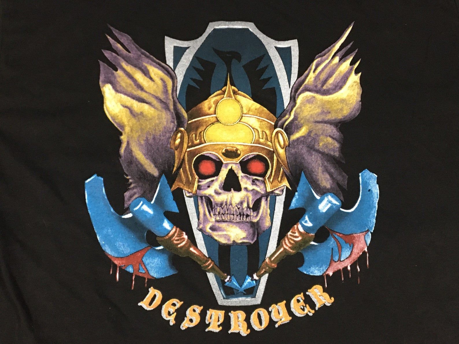 Vintage Destroyer Biker Metal Warrior Viking Skeleton W Bloody Axes Shirt - Sz Or X - Deadstock Harley 3D Tee