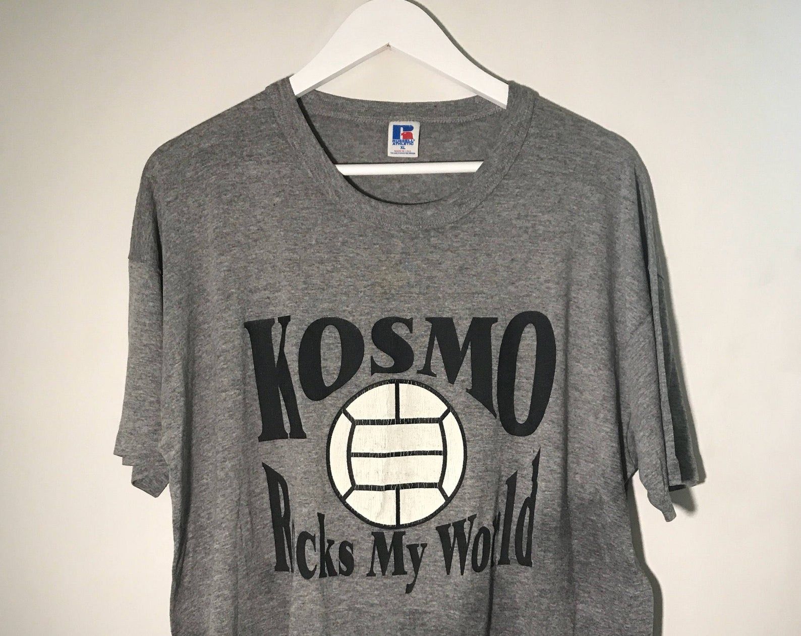 Vintage Distressed 90S 1990S Russel Athletics Kosmo Volleyball Rocks My World Soft Grey Tee T-Shirt