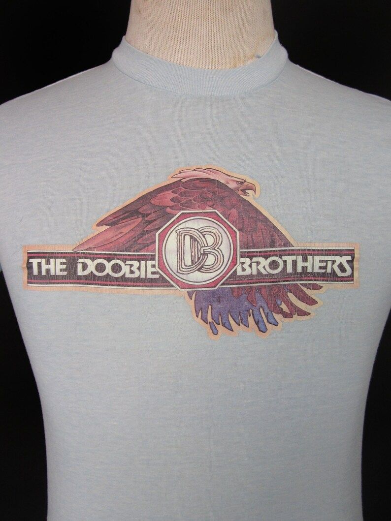 Vintage Doobie Brothers T Shirt 70S Paper Thin Sky Blue Eagle Graphic