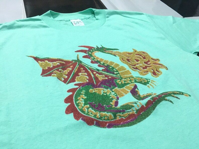 Vintage Dragon Shirt Glitter Printed Mint Green Excellent Condition Single Stitch Made In Usa