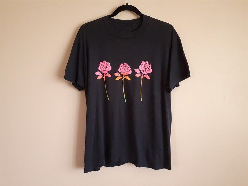 Vintage Early 90S Black Three Roses T Shirt Neon Pink Ombr Puffy Paint Graphic Arge Single Stitched Chill Techno Raver 50 50
