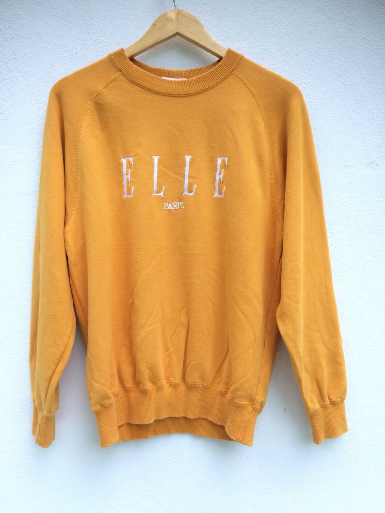 Vintage Elle Paris Yellow Cotton Crewneck Spellout Logo Longsleeve Sweatshirt Jumper Pullover Edium Sportwear