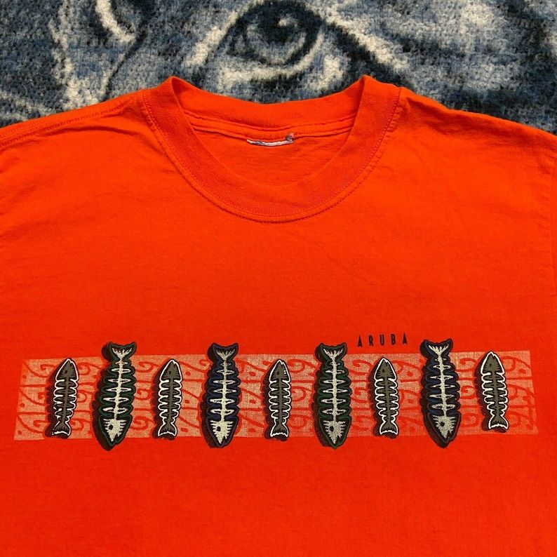 Vintage Fishbone Shirt Aruba Graphic Tee 90S Y2K Mens S M Bright Orange Short Sleeve
