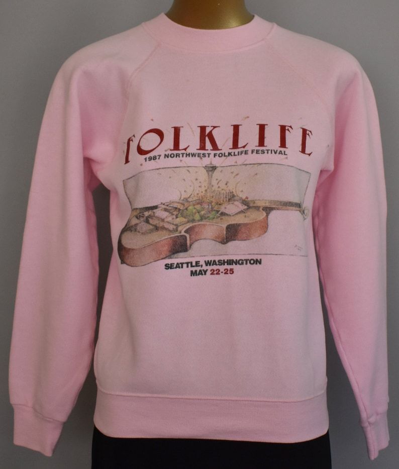 Vintage Folklife Sweatshirt 80S Music Festival Shirt 1980S Baby Pink Raglan Jumper Size Xs To Small