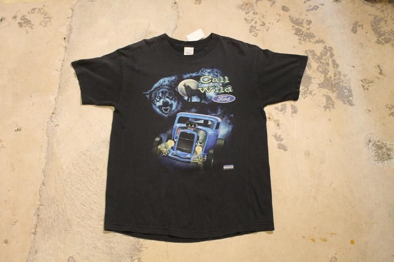 Vintage Ford Motors Graphic Call Of The Wild Animal Wolf Print 80s 90s 2000 Automotive Apparel Shirt