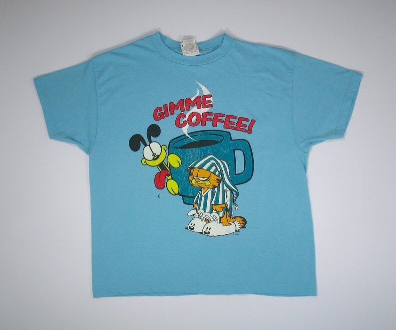 Vintage Garfield T Shirt Gimme Coffee Medium Comic Strip Cat Soft Thin Blue Cartoon Cute Odie Jim Davis 70S 80S Humor Funny