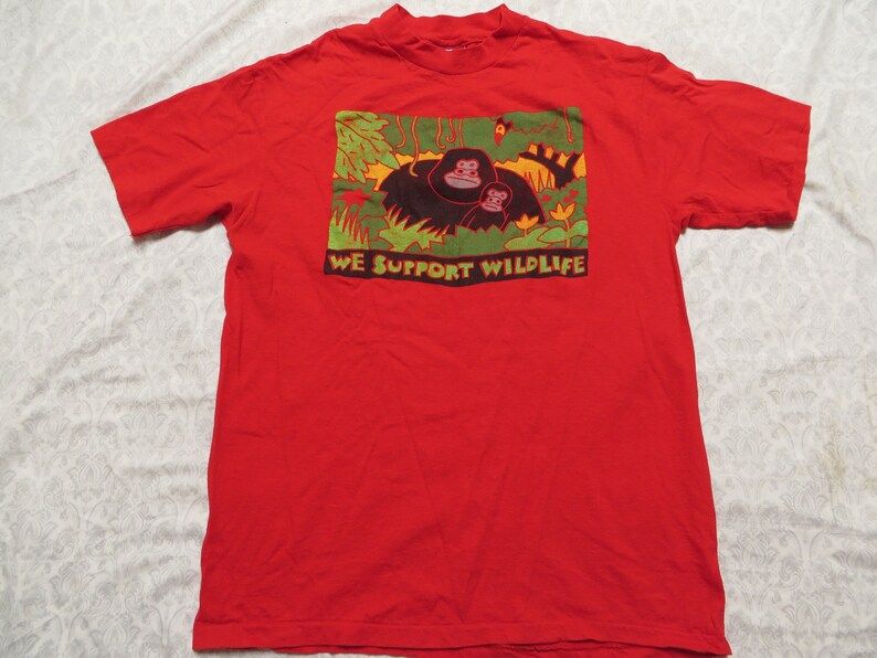 Vintage Gorilla Tee Shirt Red We Support Wildlife Hanes 90S Mens Large Made In Usa