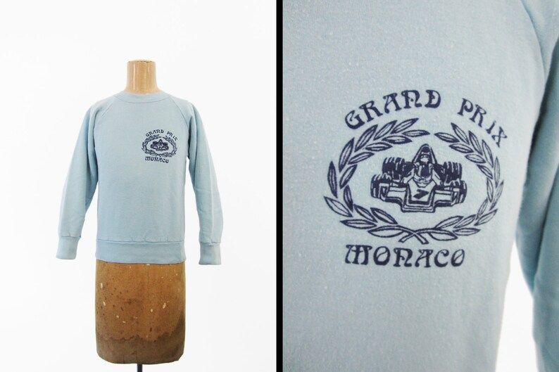 Vintage Grand Prix Moraco Sweatshirt 80S Raglan Pullover Sky Blue