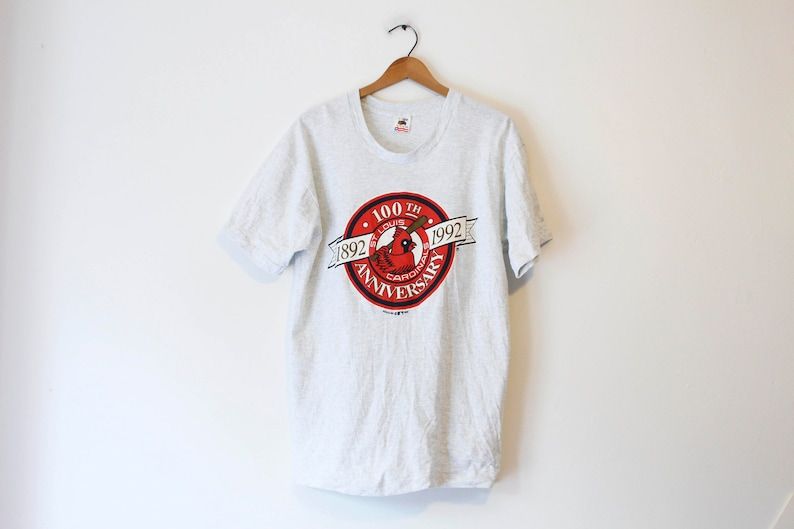 Vintage Gray St Louis Missouri Cardinals Baseball 100 Year Anniversary 1992 T Shirt Large