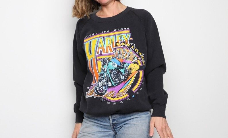 Vintage Harley Davidson 1990S Round The Globe Slouchy Sweatshirt