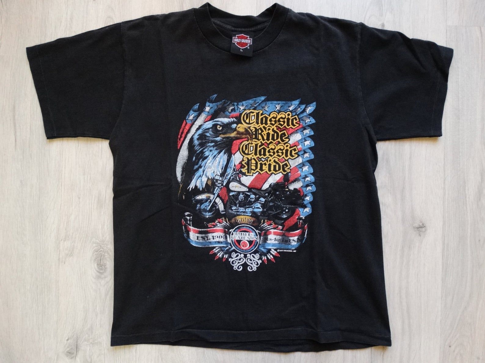 Vintage Harley Davidson 1991 Shirt American Born And Bred 'Classic Ride Classic Pride' Double Sided Graphic Shirt