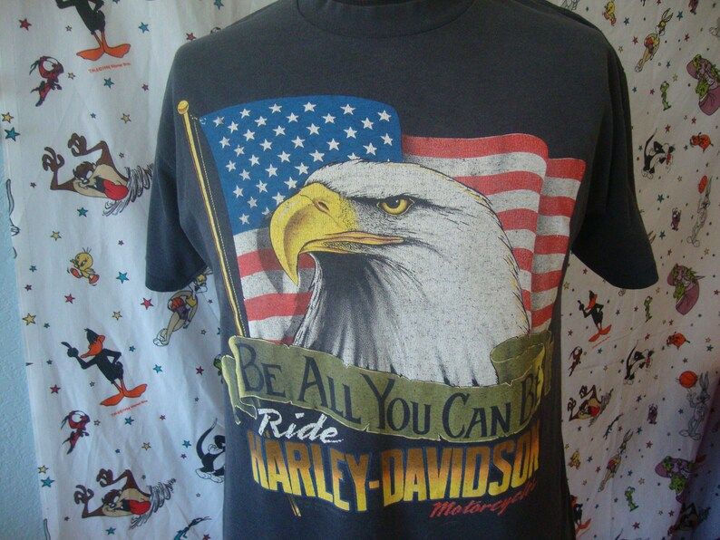 Vintage Harley Davidson 1991 Ssi Eagle Be All You Can Be Ride Black Tee Biker
