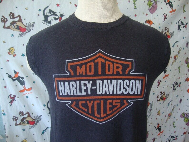 Vintage Harley Davidson 80S Black Motorcycle Mc Rally Sleeveless Tee Single Stitch T Shirt