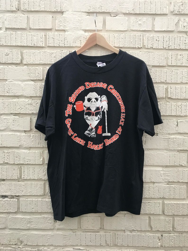 Vintage Harley Davidson Black T Shirt Large Great Lakes Motorcycle Tshirt Michigan Cartoon