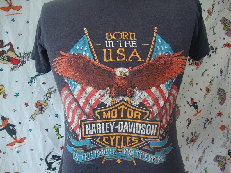 Vintage Harley Davidson Eagle Born In The Usa 1989 Faded Black Tee Soft Paper Thin Motorcycle Mc Rally T Shirt
