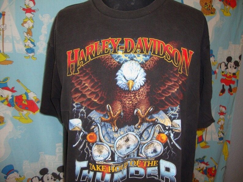 Vintage Harley Davidson Eagle Take Hold Of The Thunder 1992 Holoubek T Shirt Black Tee Biker