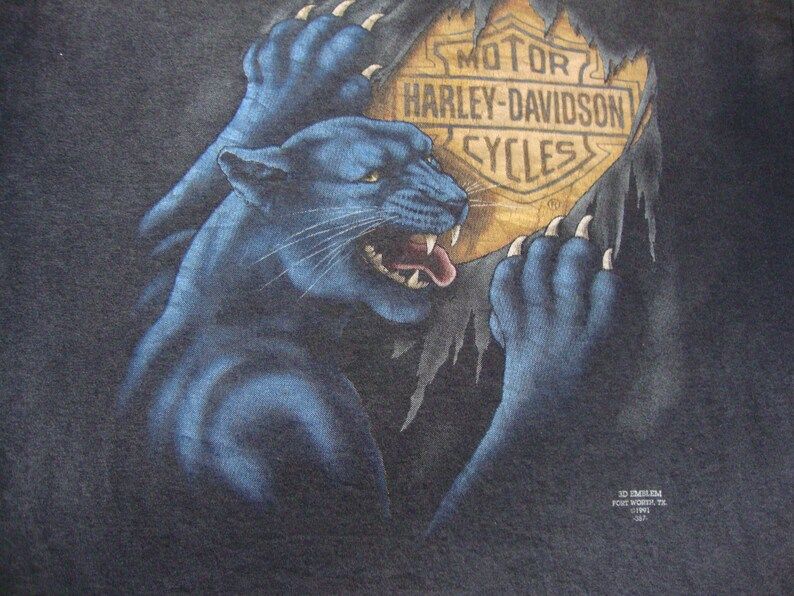 Vintage Harley Davidson Motorcycle 3D Emblem Biker Panther 1991 Mc 50 50 Black T Shirt Adult