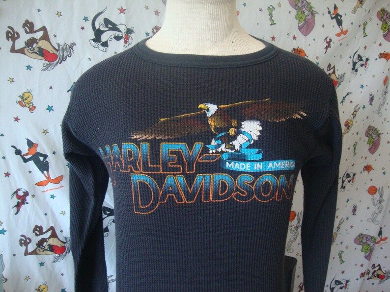 Vintage Harley Davidson Motorcycles Eagle Black Waffle Knit Long Sleeve Thermal Long Sleeve T Shirt Biker Punk Grunge