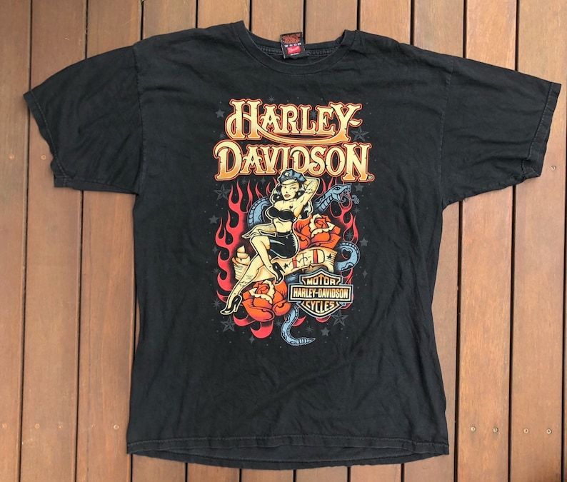 Vintage Harley Davidson Motorcycles Usa Tattoo Pin Up Girl Large Biker T Shirt Retro Grunge Harley Davidson Summer Streetwear Festival Tee