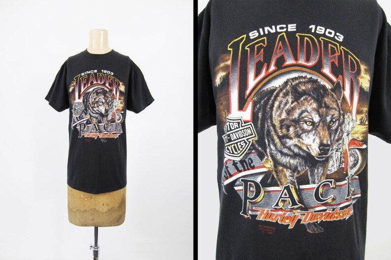 Vintage Harley Davidson T Shirt Leader Of The Pack 3D Emblem 1990 Black