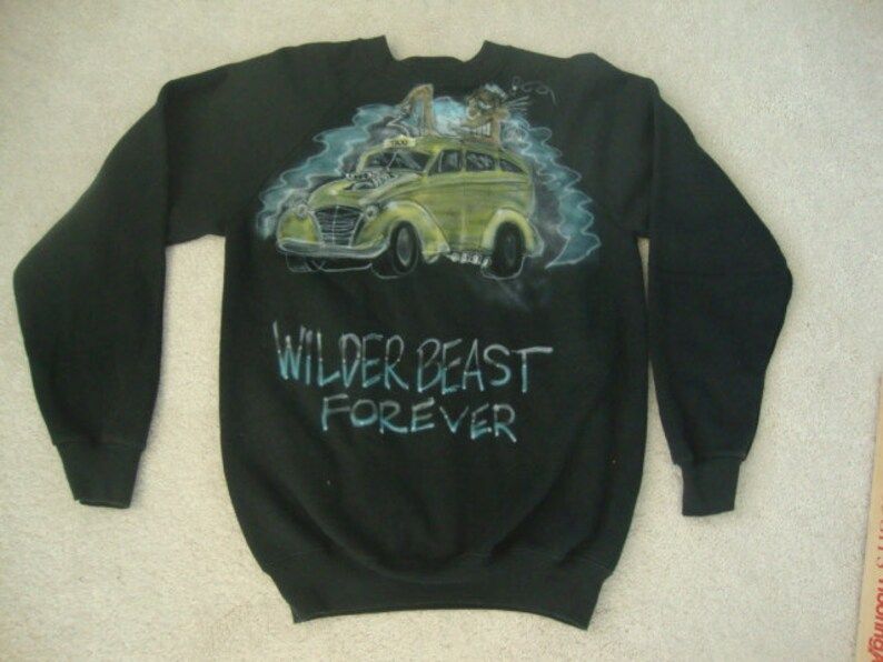 Vintage Hot Rod Taxi Airbrush Painting Art Gasser Rockabilly Wilder Beast Forever Black Crew Neck Rap Hip Hop Sweatshirt