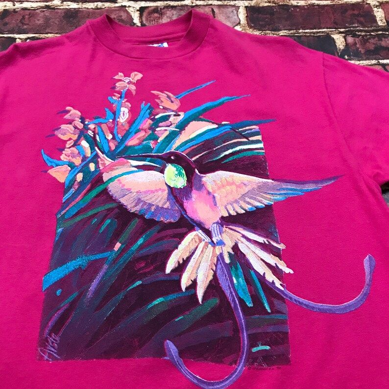 Vintage Hummingbird Shirt 90S Graphic Tee Pink Nature Flowers Mens Medium Hippie Boho Aesthetic T Shirt