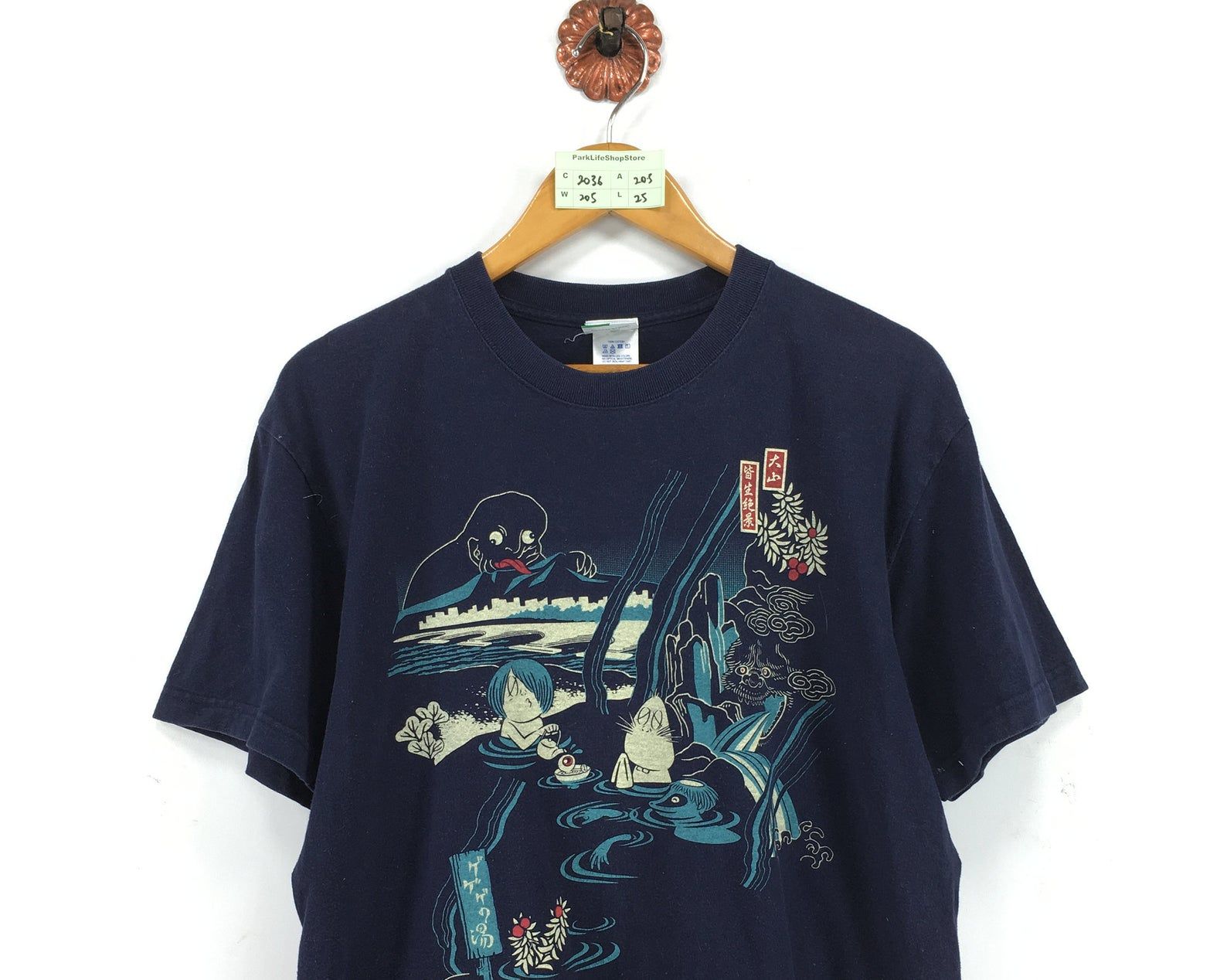 Vintage Japanese Cartoon Pullover Tshirt Japanese Traditional Culture Waterfall Tattoo Surfing Design Japanese Souvenir Tee M