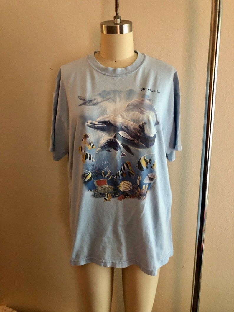 Vintage Jerzees Maui Dolphins Tropical Fish Sea Turtle Ocean Life Tee Shirt Arge