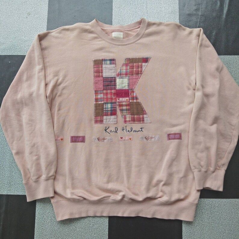 Vintage Karl Helmut Embroidery Big Logo Sweatshirt Pull Over Pink Colour L Ade In Japan Rare Item