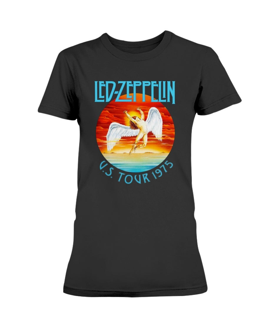 Vintage Led Zepplin Us Tour 1975 Blue Text Ladies T Shirt 081521