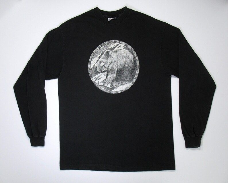 Vintage Long Sleeve T Shirt Tee Bear Fishing Large Black 80S 90S White Print Salmon Native American Stream River Nature Wildlife Hipster