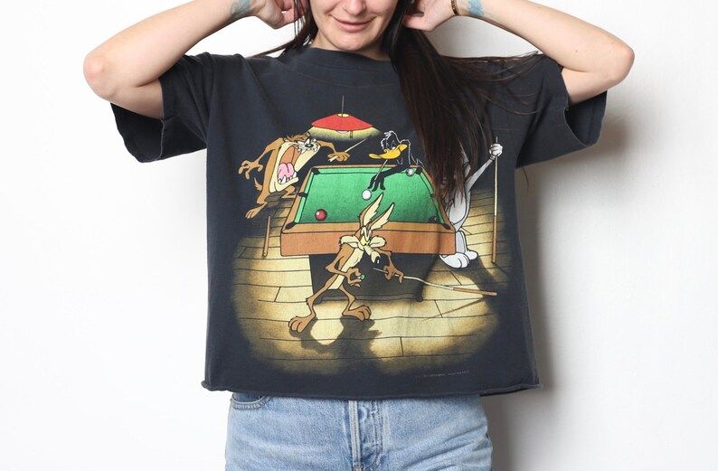 Vintage Looney Tunes Pool Hall 1990S Black Crop Top Boxy T Shirt Arge