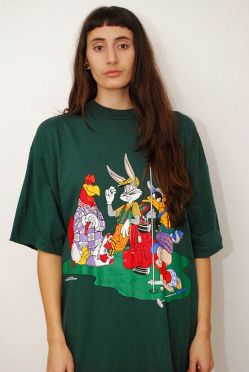 Vintage Looney Tunes T Shirt Xl Dark 90S Golf Green Oversize Bugs Bunny Daffy Duck Elmer Fudd Foghorn Leghorn Baggy Fit Slouchy Boyfriend