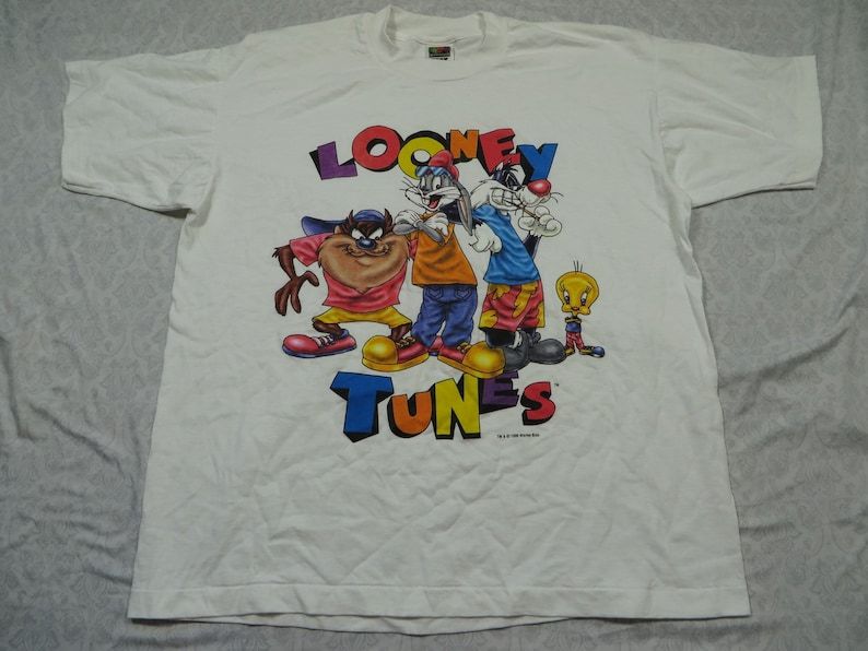 Vintage Looney Tunes Tee Shirt Bugs Taz Sylvester Tweety Cartoon White 90S Mens