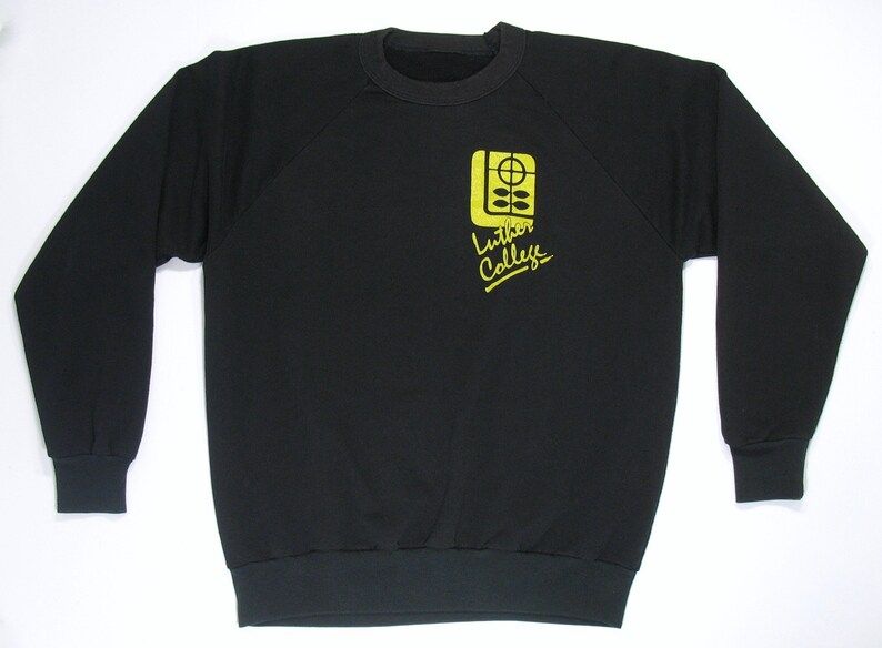 Vintage Luther College Sweatshirt M L Raglan Iowa Ia School University Workout Gym Athletic Soft Black Yellow Jumper 70S 80S