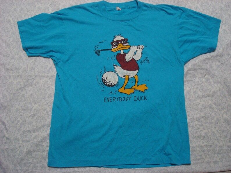 Vintage Mens 80S Everybody Duck Tee Shirt Blue Tahoe Reno Golf Screen Stars Short Sleeve Large Made In Usa