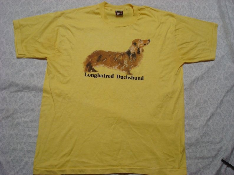Vintage Mens 80S Longhaired Dachshund Tee Shirt Yellow Dog Print Custom Dyed Best Fruit Of The Loom Short Sleeve Xl Made In Usa