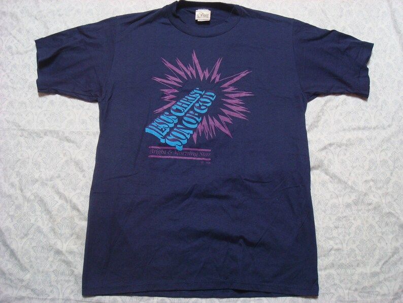 Vintage Mens 90S Christian Tee Shirt Blue Purple Deadstock Jesus Christ Son Of God Jerzees Short Sleeve Large Made In Usa