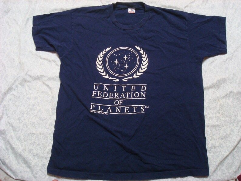 Vintage Mens 90S Star Trek Tee Shirt Blue United Federation Of Planets Single Stitch Short Sleeve Xl Made In Usa