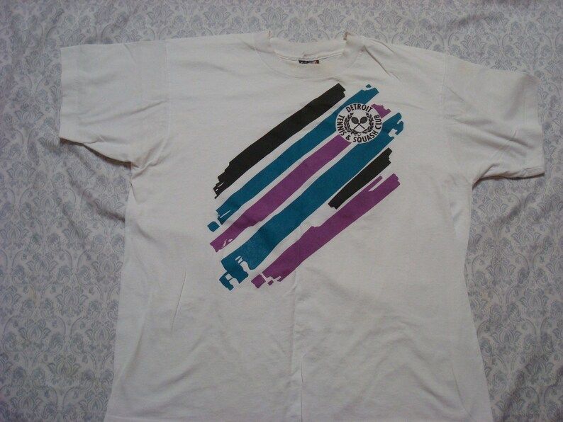 Vintage Mens Detroit Tennis And Squash Club White Tee Shirt Made In Usa Purple Green Black Shirt Short Sleeve Shirt Xl