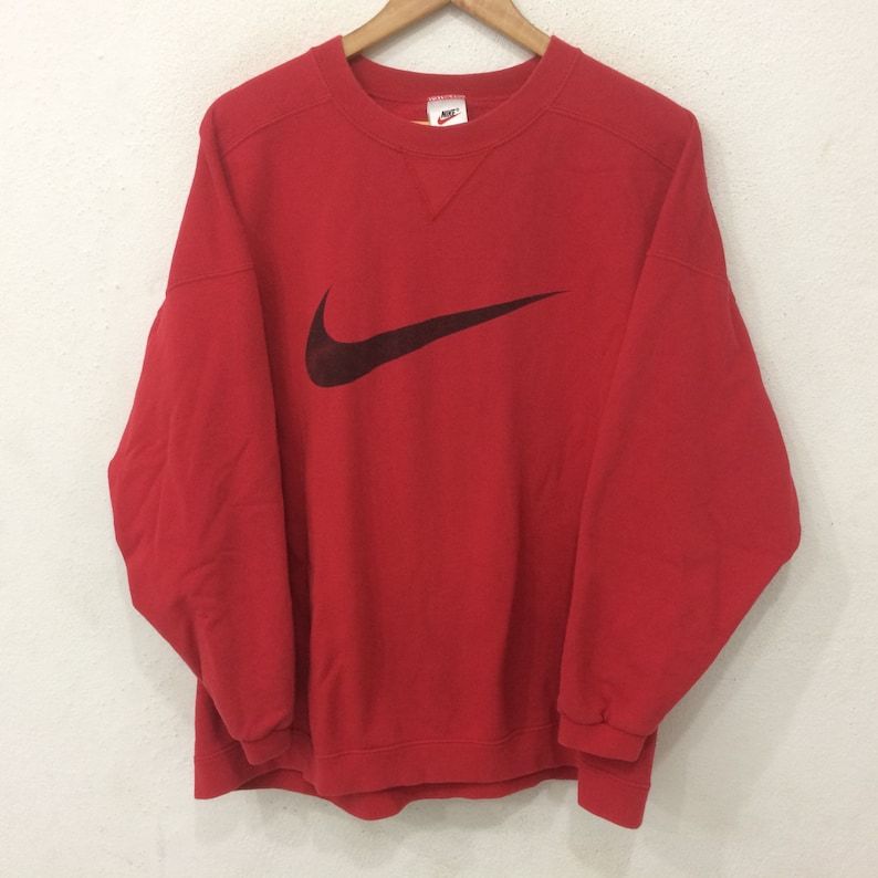 Vintage Nike Big Logo Crew Neck Pullover Sweatshirt Red Color Large Size