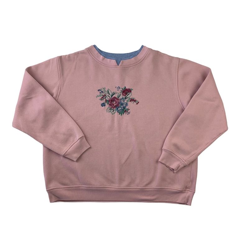 Vintage Shenanigans Rose Crewneck Pullover Sweatshirt With Double Collar Floral Design Pale Powder Pink Color Womens Size Small