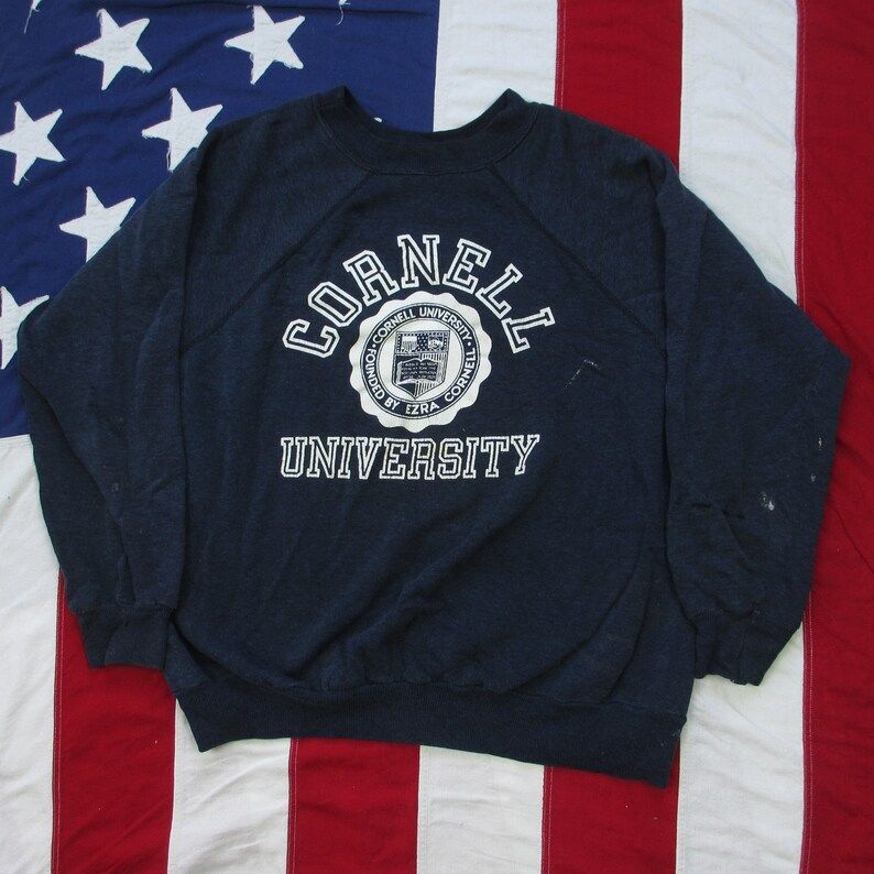 Vintage Well Worn 1960S Cornell University Raglan Crewneck Sweatshirt Medium Short Navy Blue White Trashed Ithaca New York Ivy League Prep