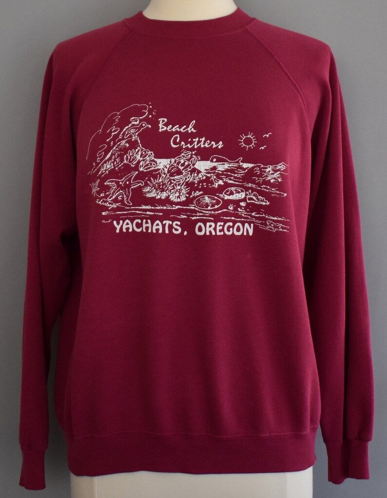 Yachats Oregon Sweatshirt Vintage 80S Beach Critters Raglan 1980S Environmental Distressed Jumper Grandmacore Edium To Large